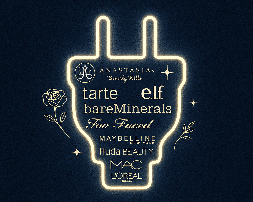 Outline of a beauty plug with makeup brand names on a dark background