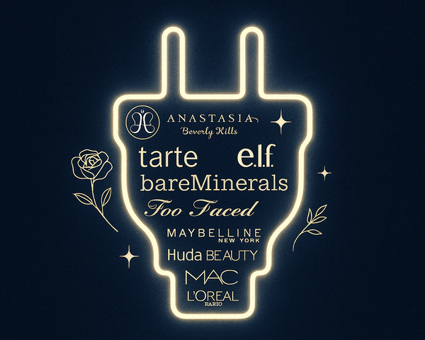 Outline of a beauty plug with makeup brand names on a dark background